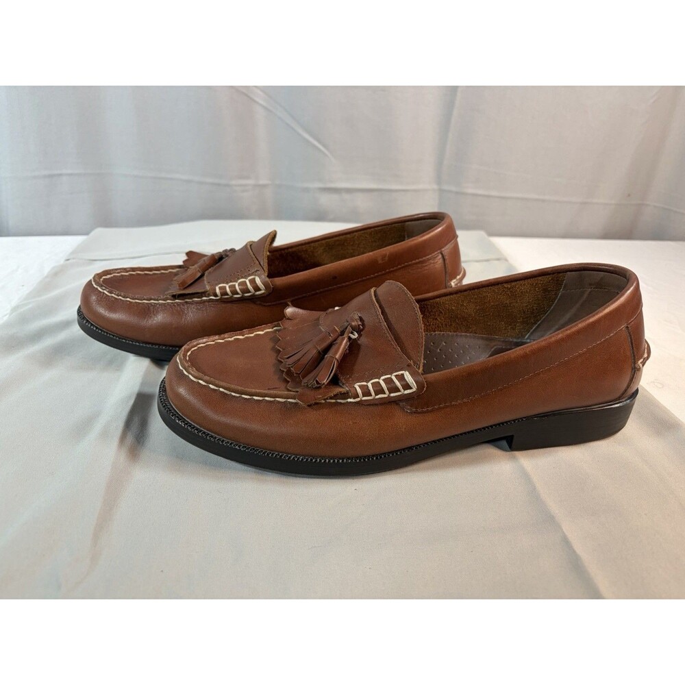 Chaps Men's Brown Leather Tassel Kiltie Loafers Moc Toe Slip On Dress Shoes 10.5